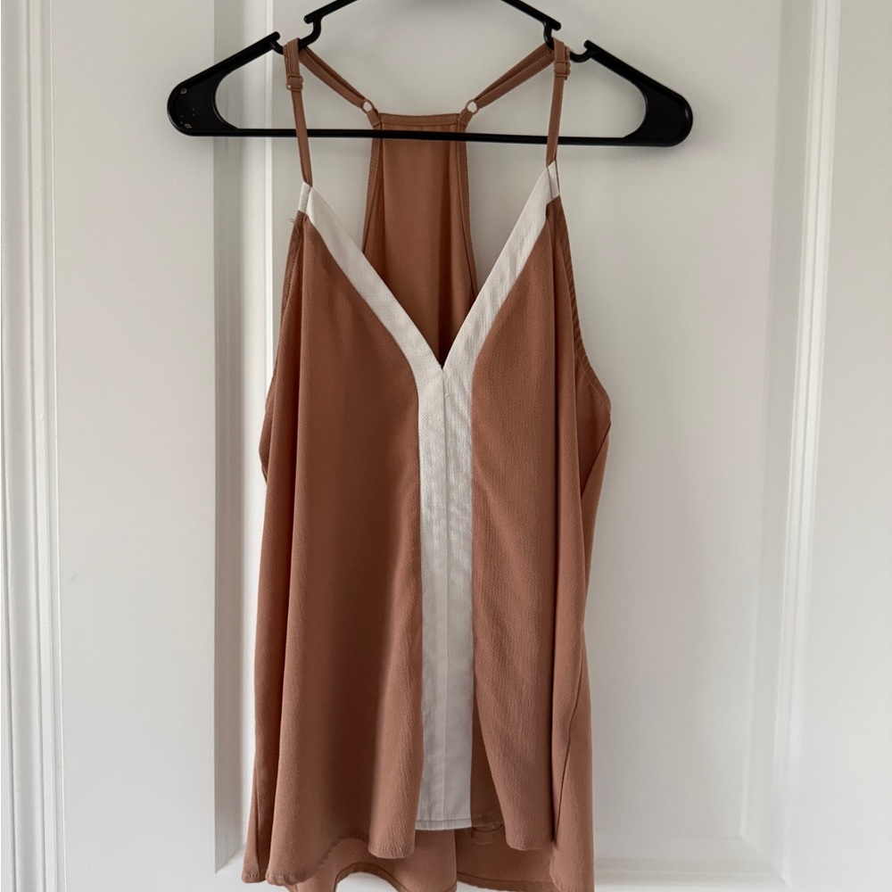 Sleeveless V-Neck Tank with White Trim - Tan/Brown